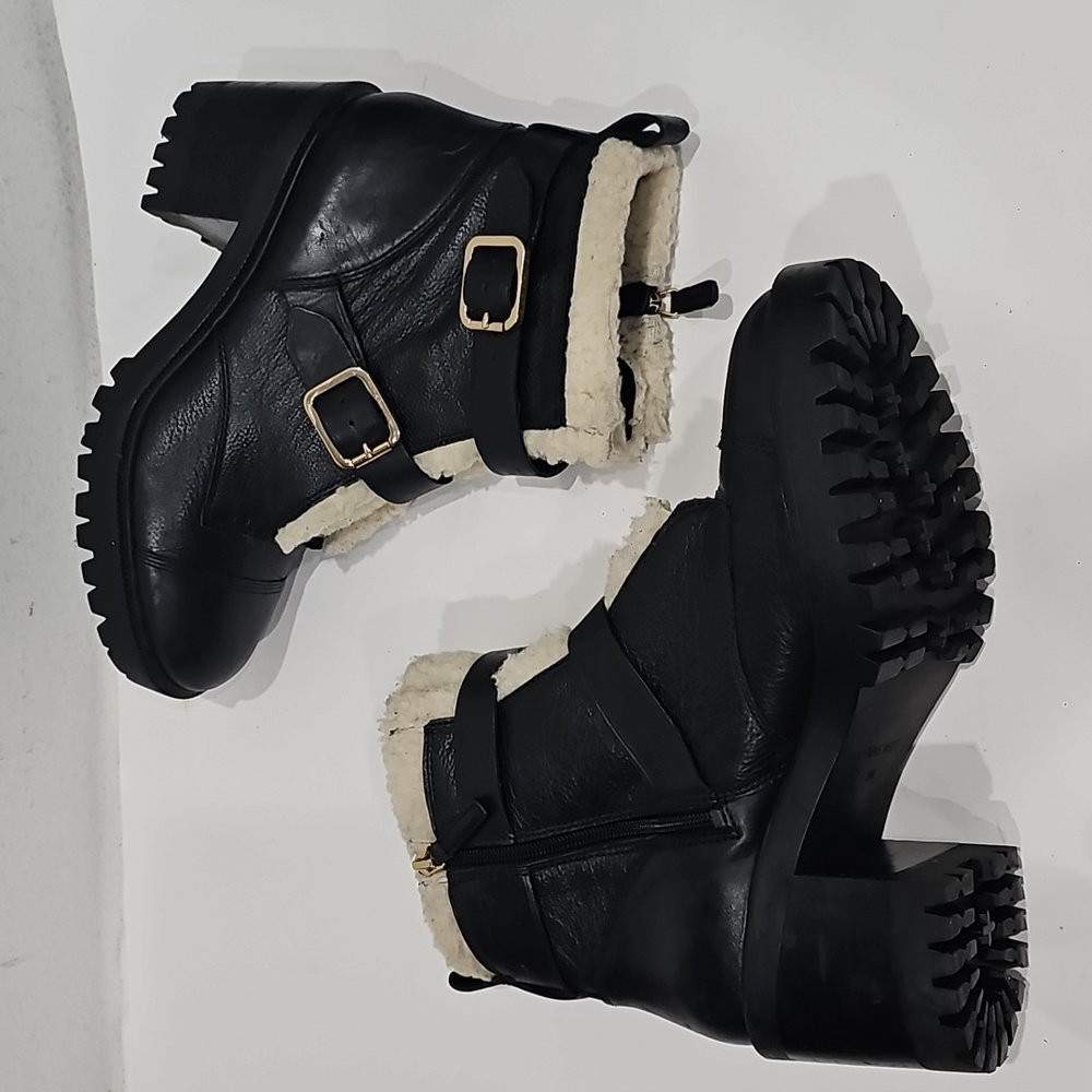 Nine West Black Leather combat Ankle  boots with Faux Shearling Size 10.5 - Picture 3 of 14